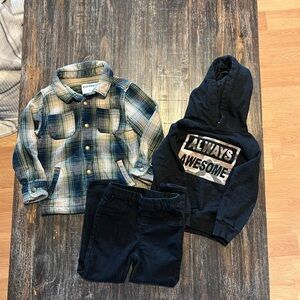 Old Navy Kids Green Plaid Shirt and Black Hoodie Set